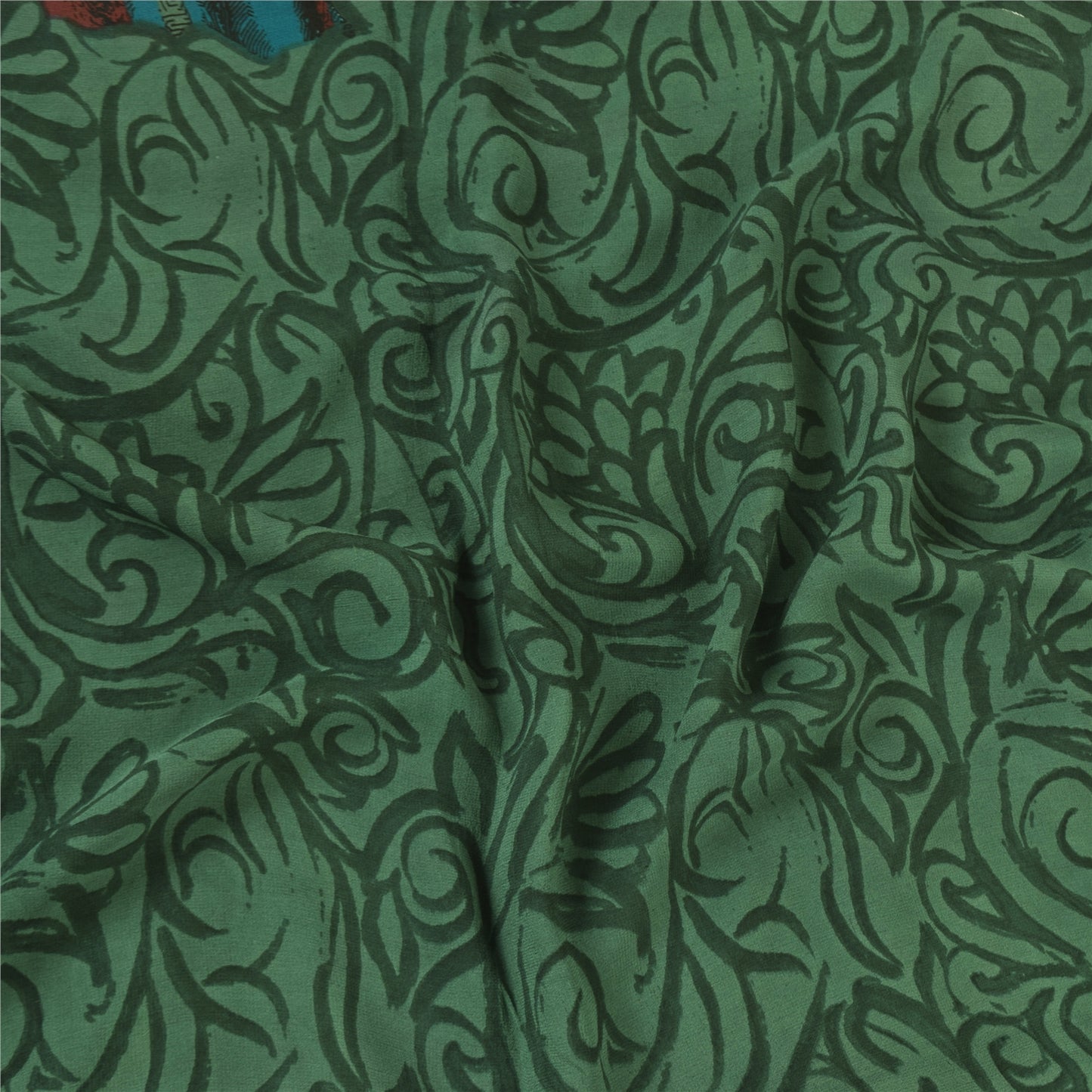 Sanskriti Vintage Sarees Green Pure Georgette Silk Print Sari 5+yd Craft Sustainable Fabric