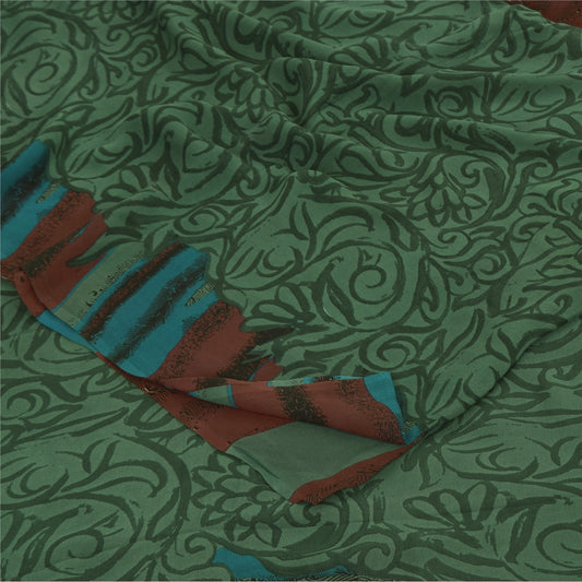 Sanskriti Vintage Sarier Grønne Sari Med Ren Georgette Silkeprint 5+ yards Håndværksmæssigt Bæredygtigt Stoff