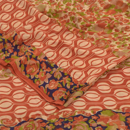 Sanskriti Vintage Sarees Dark Peach Pure Georgette Silk Print Sari Craft Sustainable Fabric