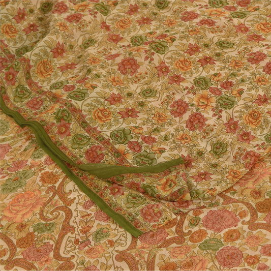 Sanskriti Vintage Sarees Cream 100% Pure Georgette Print Sari 5+yd Craft Sustainable Fabric