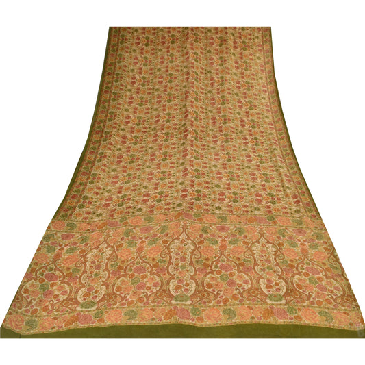 Sanskriti Vintage Sarier Cremefarvede 100% Ren Georgette Print Sari 5+ yard Håndværk Bæredygtigt Stoff