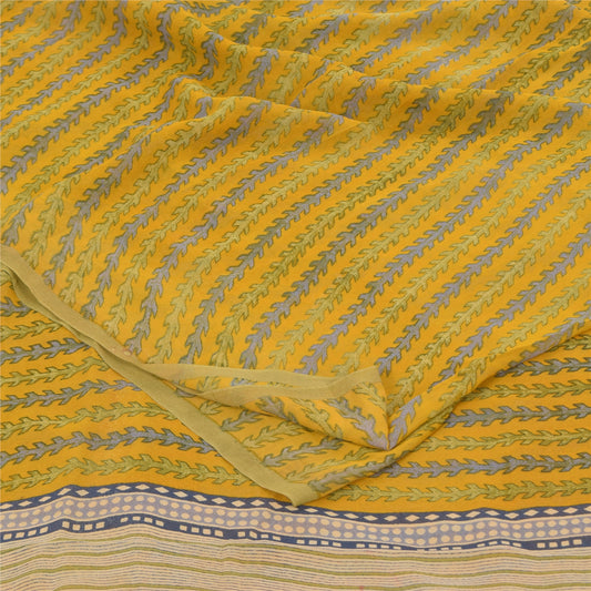 Sanskriti Vintage Sarees Yellow Pure Georgette Silk Print Sari 6+yd Craft Sustainable Fabric