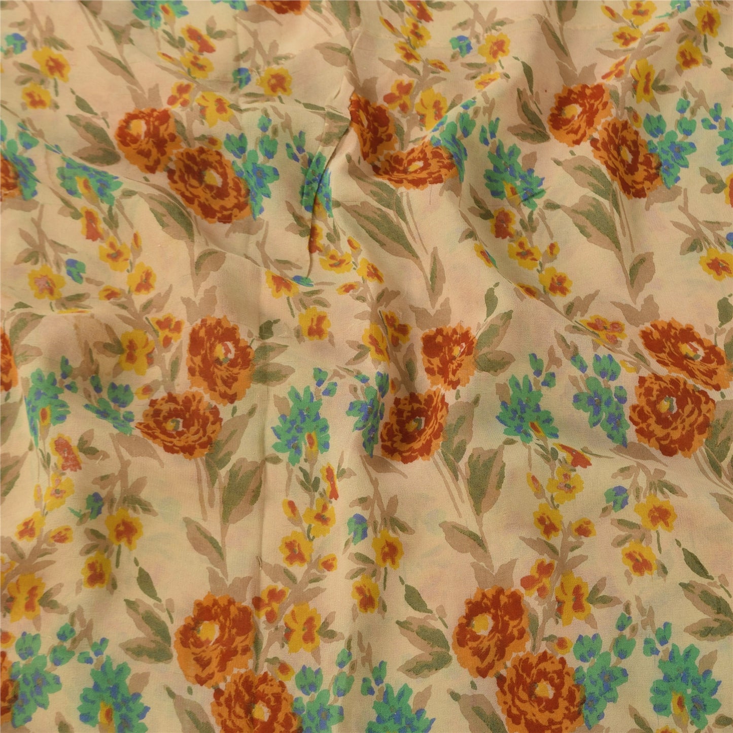 Sanskriti Vintage Sarees Cream Pure Georgette Silk Print Sari 5+yd Craft Sustainable Fabric