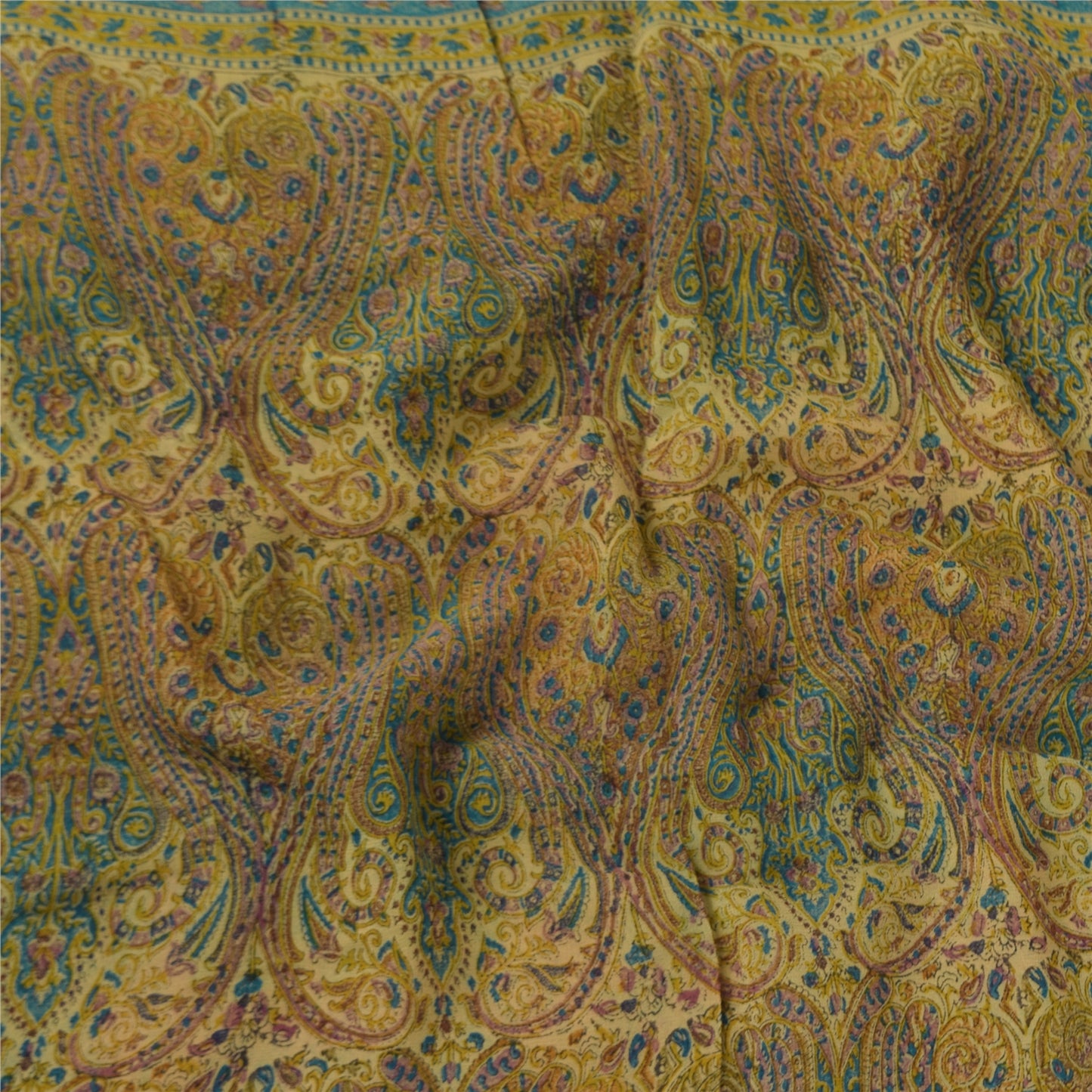 Sanskriti Vintage Sarees Cream Pure Georgette Block Print Sari 6yd Craft Sustainable Fabric