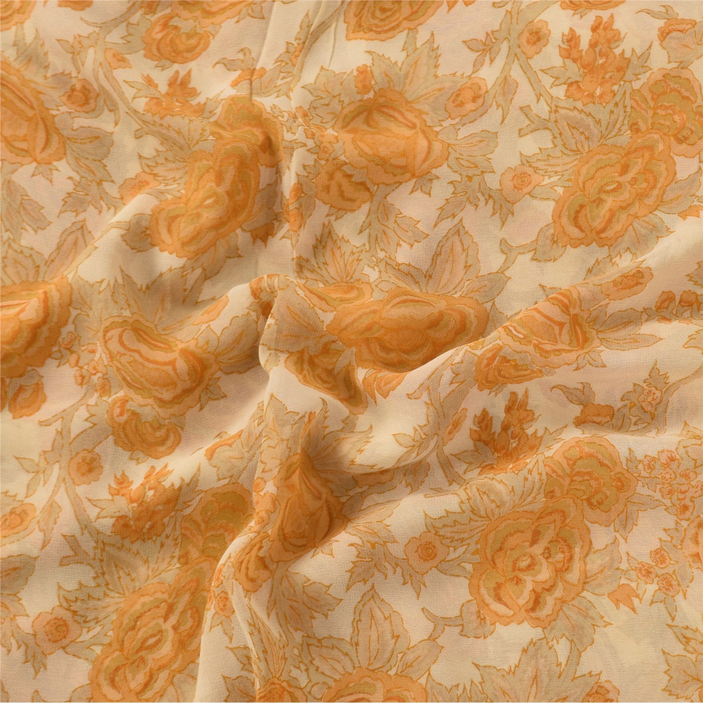Sanskriti Vintage Sarees Orange/Cream Pure Georgette Silk Print Sari 5+yd Sustainable Fabric