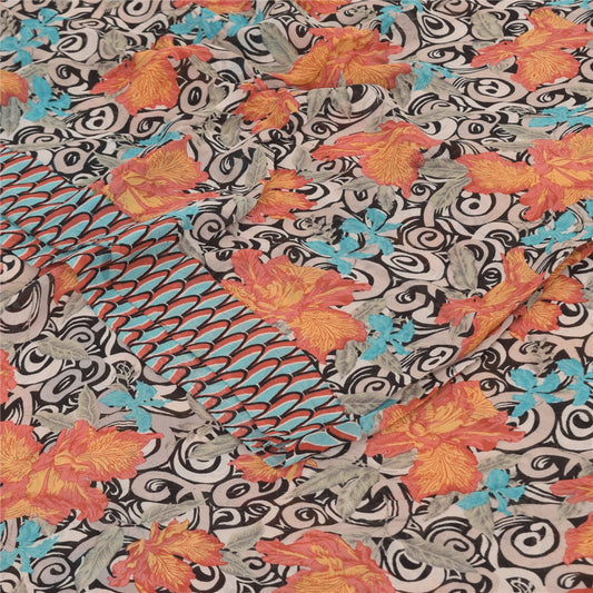 Sanskriti Vintage Sarier Sort Ren Georgette Silke Print Sari 5+ yard Håndværk Bæredygtigt Stoff