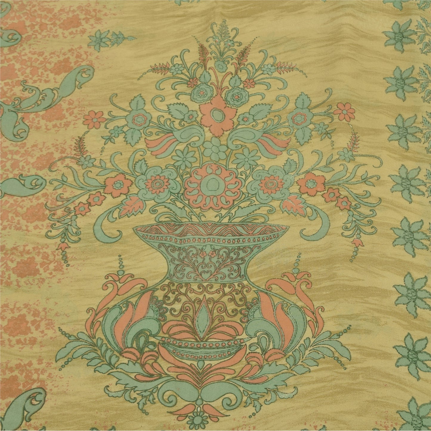 Sanskriti Vintage Sarees Olive-Green Pure Georgette Print Sari 5+yd Craft Sustainable Fabric