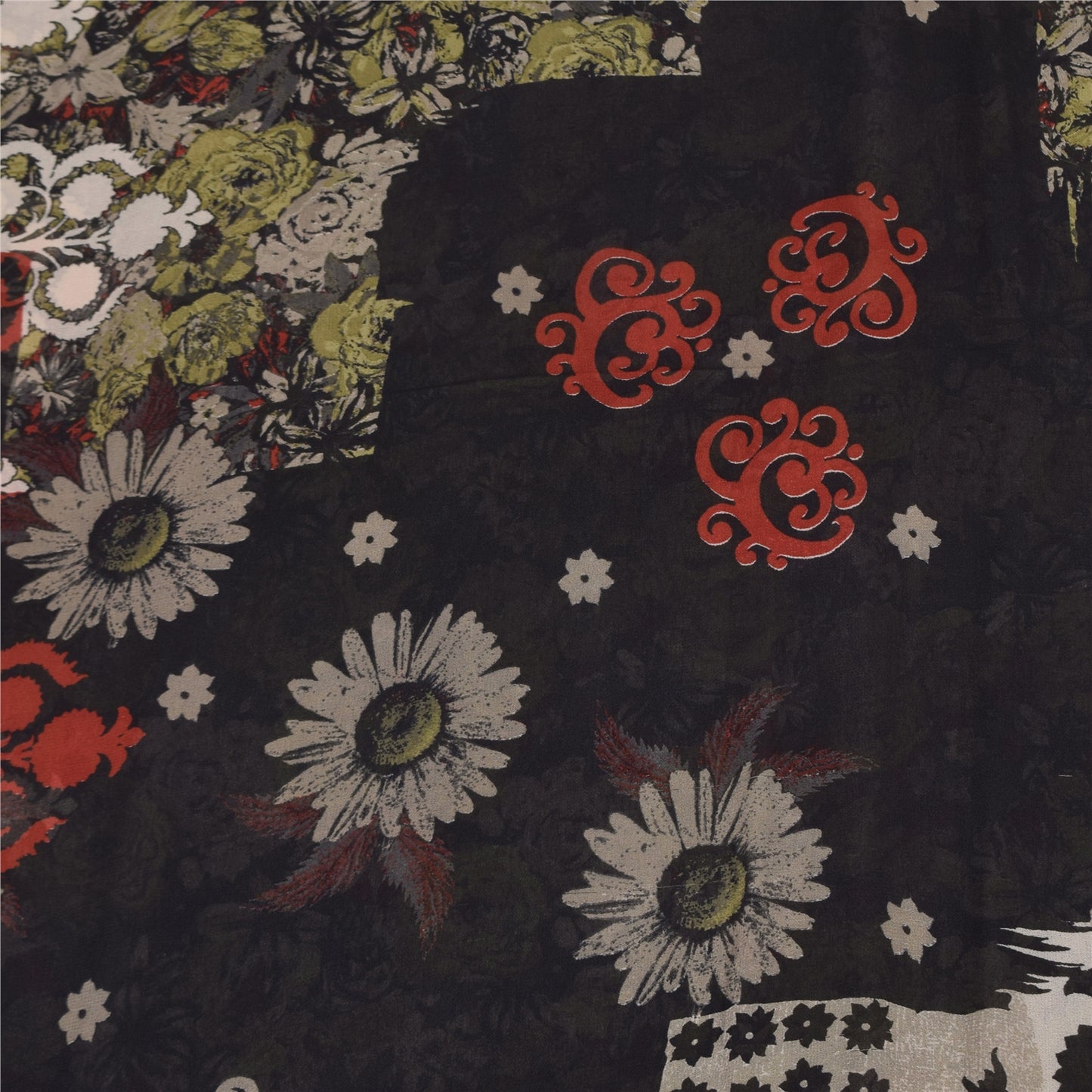 Sanskriti Vintage Sarees Black/Green Pure Georgette Print Sari 5+yd Craft Sustainable Fabric