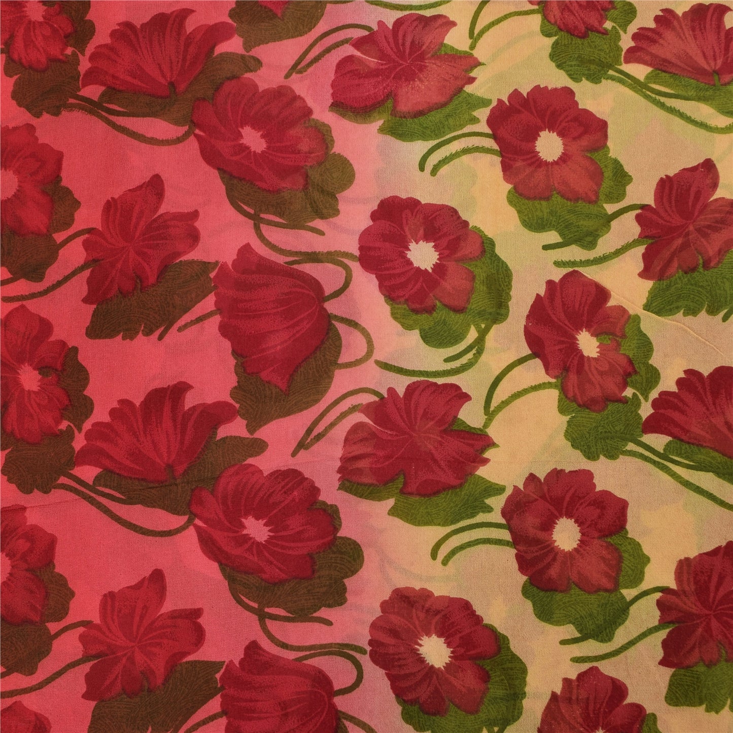 Sanskriti Vintage Sarees Red & Cream Pure Georgette Print Sari 5+yd Craft Fabric