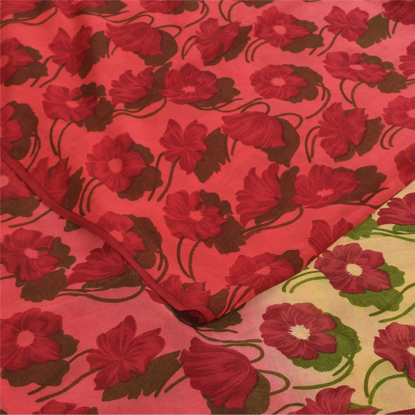 Sanskriti Vintage Sarees Red & Cream Pure Georgette Print Sari 5+yd Craft Fabric