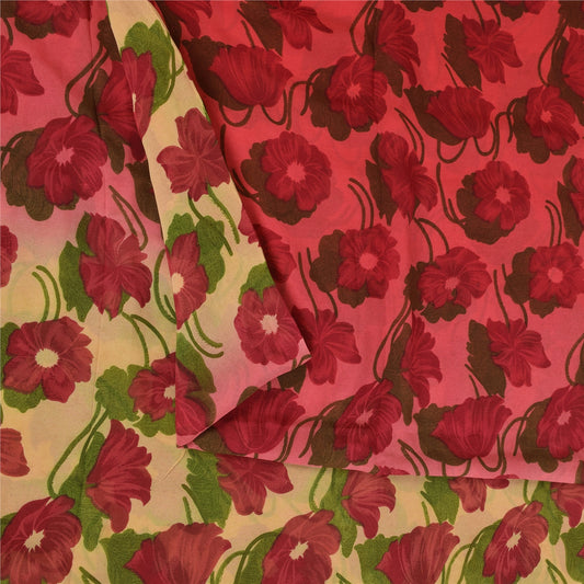 Sanskriti Vintage Sarees Red & Cream Pure Georgette Print Sari 5+yd Craft Fabric