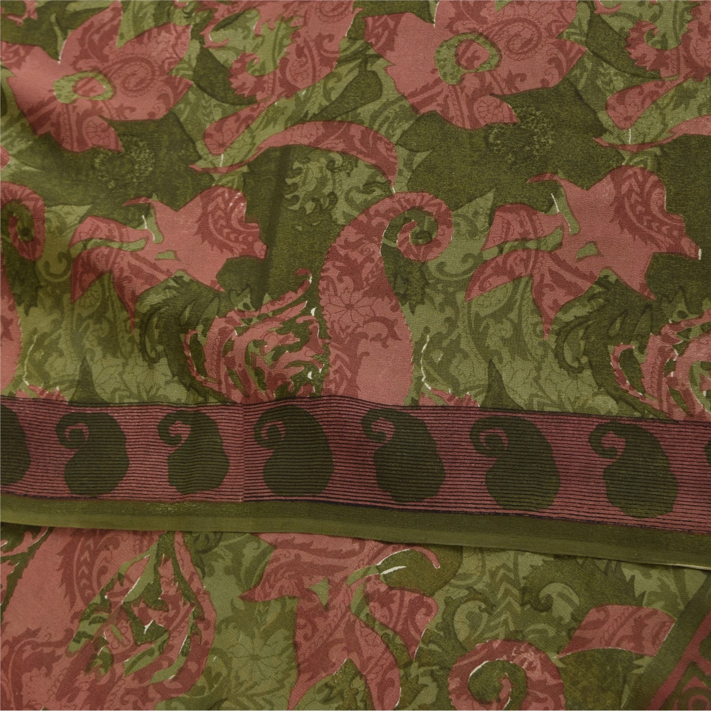 Sanskriti Vintage Sarees Green & Pink Pure Georgette Printed Sari 5+yd Sustainable Fabric
