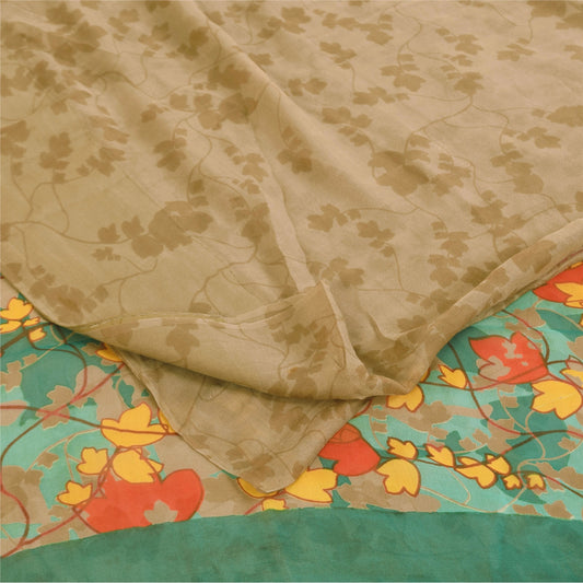 Sanskriti Vintage Sarees Gray Pure Georgette Silk Printed Sari 5+yd Craft Sustainable Fabric