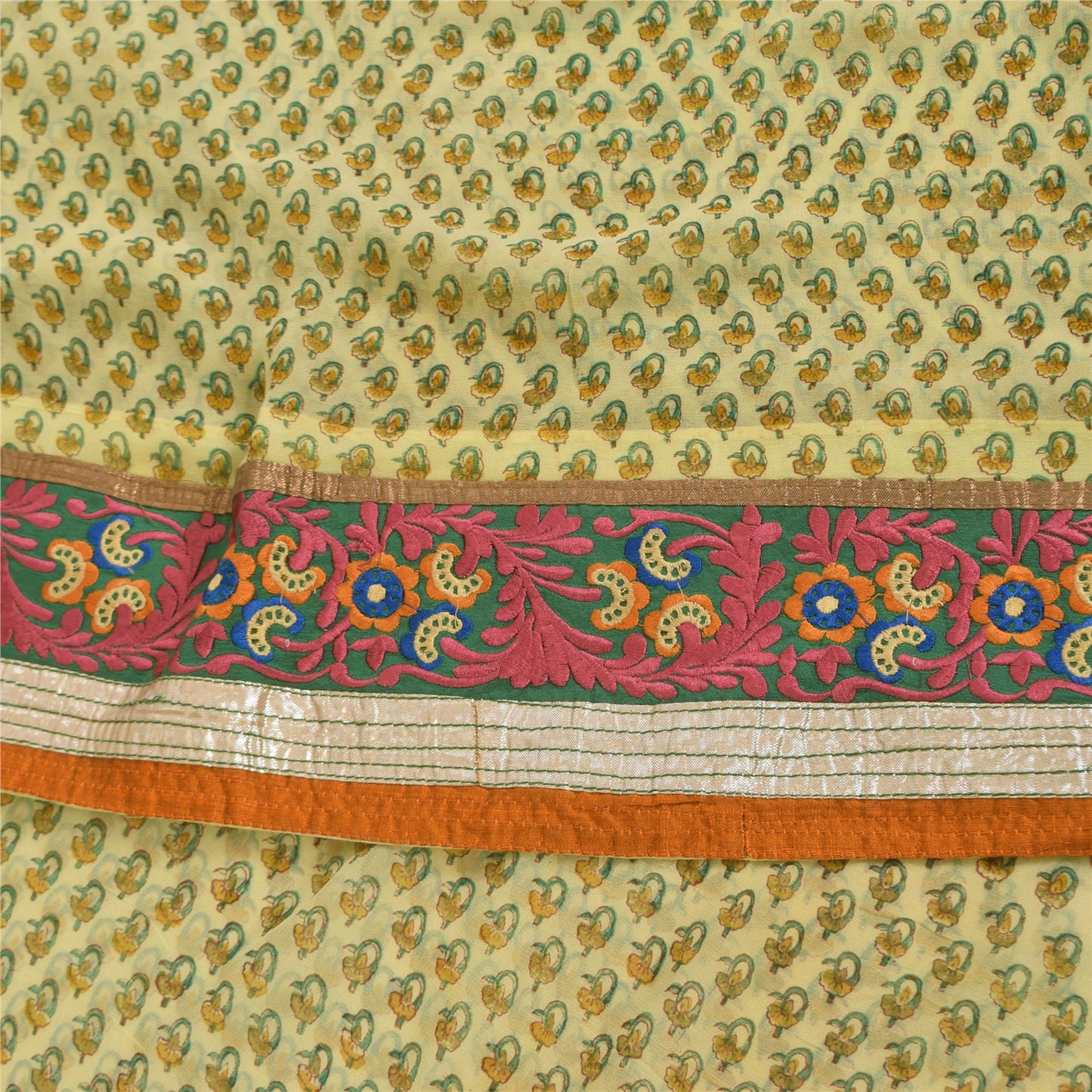 Sanskriti Vintage Sarees Cream Embroidered Pure Georgette Print Sari 6yd Sustainable Fabric