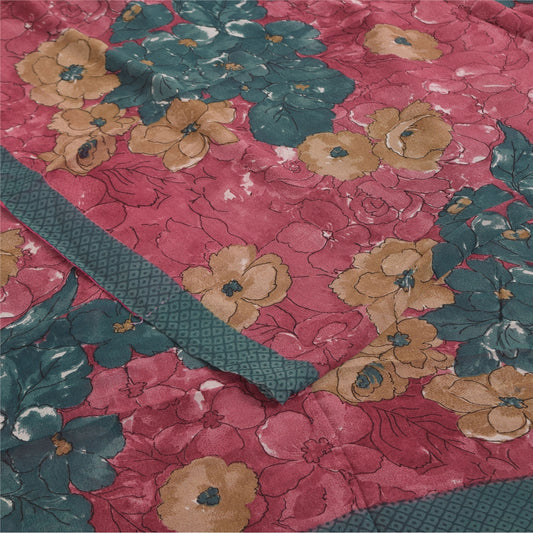 Sanskriti Vintage Sarier i lyserødt, rent georgette-silketryk, 5+ yards, bæredygtigt håndværksstof