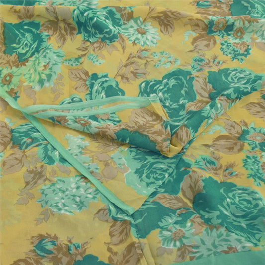 Sanskriti Vintage Sarees Cream & Green Pure Georgette Printed Sari 5+yd Fabric