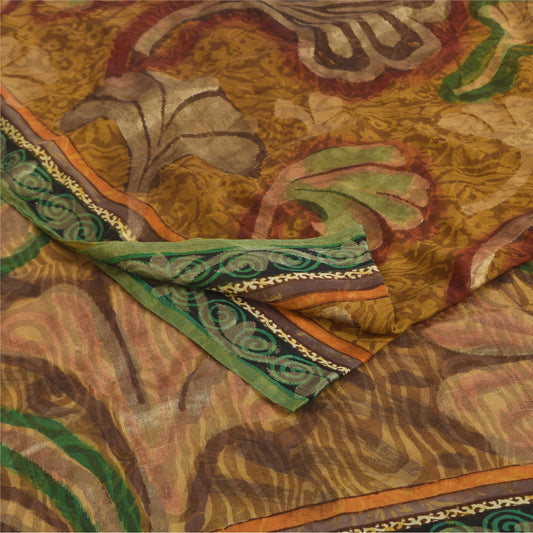 Sanskriti Vintage Sarees Green Pure Georgette Silk Print Sari 5+yd Craft Sustainable Fabric