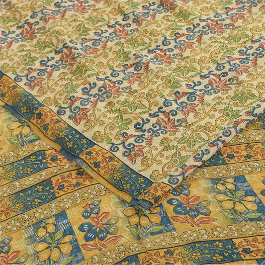 Sanskriti Vintage Sarees Ivory Pure Georgette Silk Print Sari 5+yd Craft Sustainable Fabric
