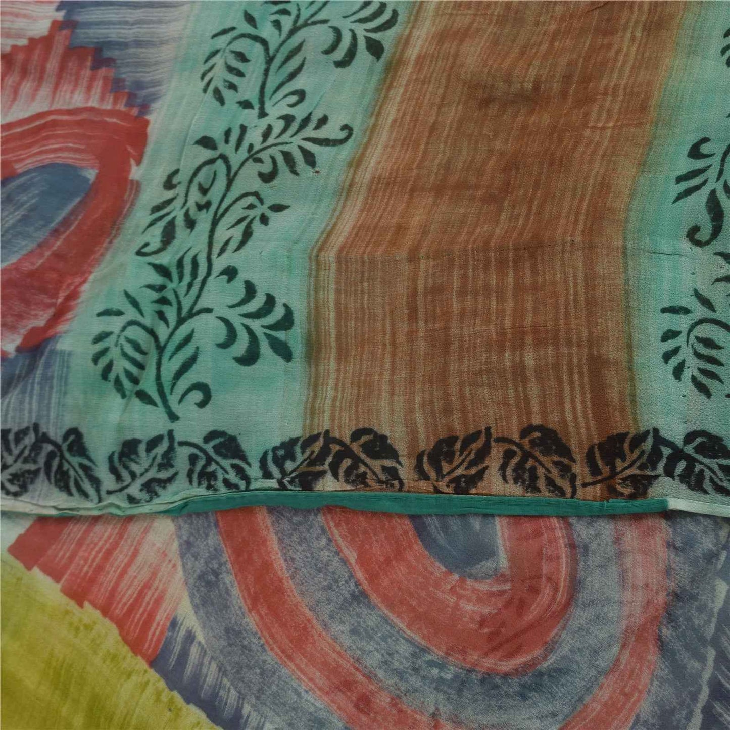 Sanskriti Vintage Sarees Green & Brown Pure Georgette Printed Sari 5+yd Fabric