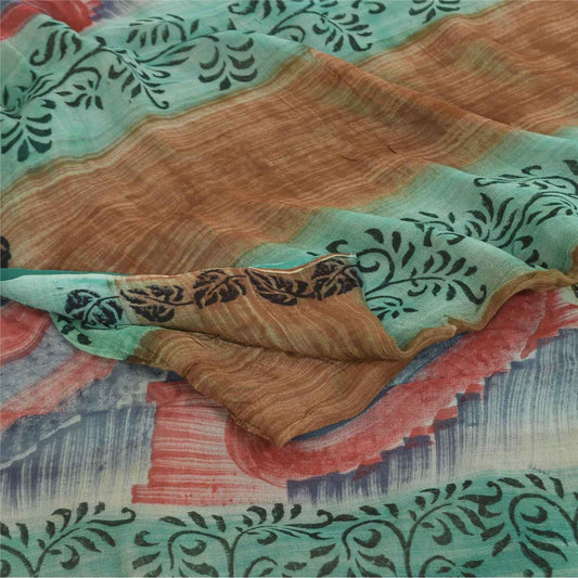 Sanskriti Vintage Sarees Green & Brown Pure Georgette Printed Sari 5+yd Fabric