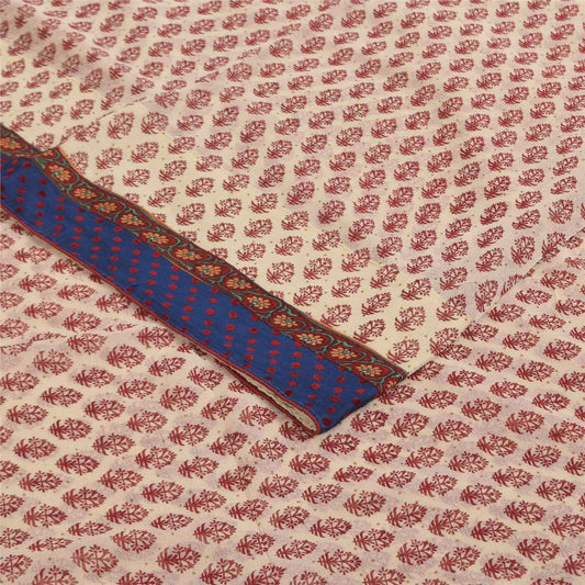 Sanskriti Vintage Sarees Ivory & Red Pure Georgette Block Print Sari 5+yd Fabric