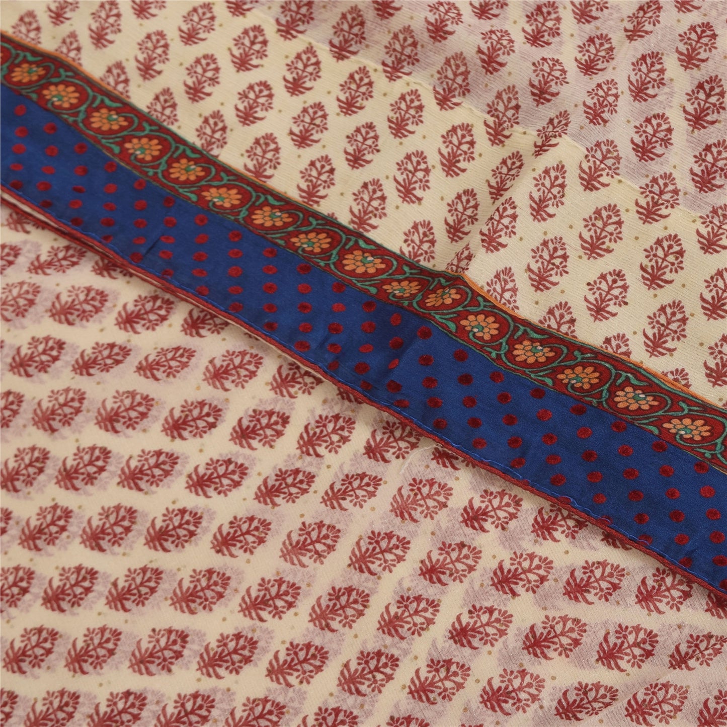 Sanskriti Vintage Sarees Ivory & Red Pure Georgette Block Print Sari 5+yd Sustainable Fabric