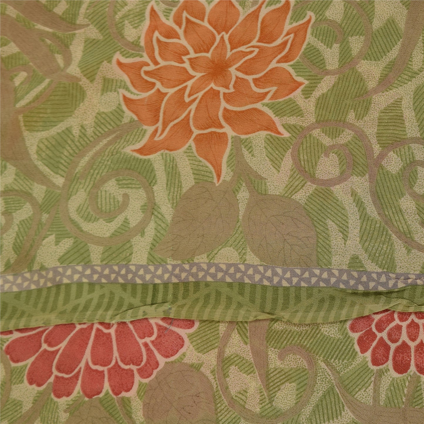 Sanskriti Vintage Sarees Green Pure Georgette Silk Print Sari 5+yd Craft Fabric