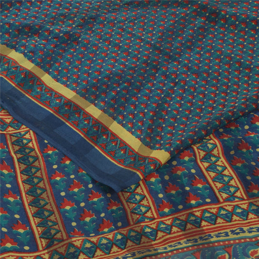 Sanskriti Vintage Sarier Blå Ren Georgette Silke Trykt Sari 5+ yard Håndværk Bæredygtigt Stoff