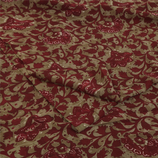 Sanskriti Vintage Sarees Red & Brown Pure Georgette Silk Print Sari 5+yd Sustainable Fabric