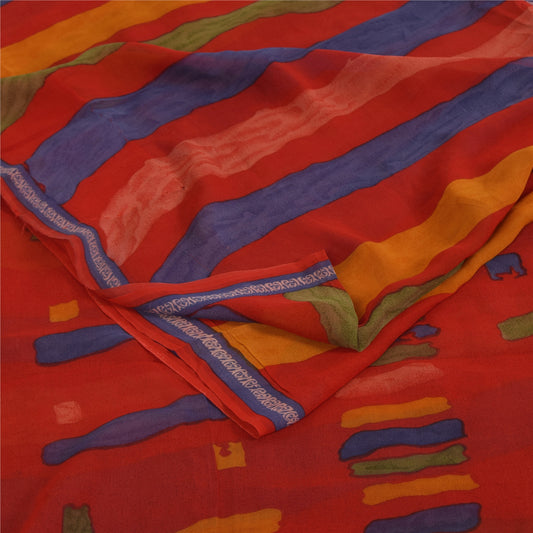 Sanskriti Vintage Sarees Red Pure Georgette Silk Printed Sari 6yd Craft Sustainable Fabric