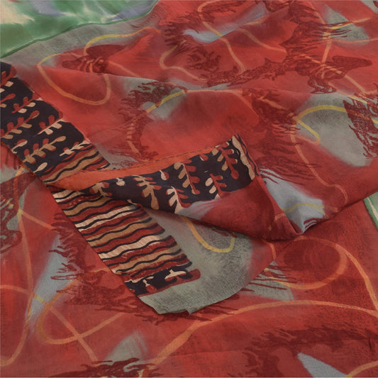 Sanskriti Vintage Sarees Red Pure Georgette Silk Printed Sari 5+yd Craft Sustainable Fabric