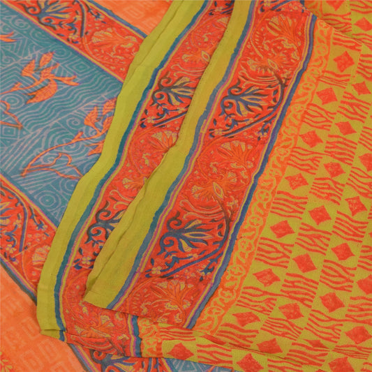 Sanskriti Vintage Sarier Grøn & Orange Ren Georgette Trykt Sari 5+ yards Bæredygtigt Stof
