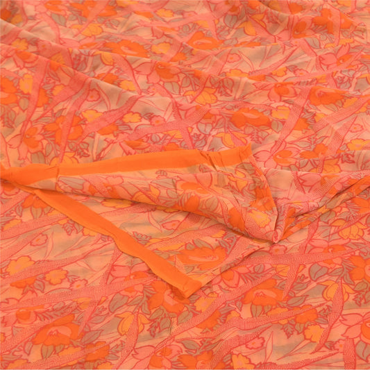 Sanskriti Vintage Sarees Orange Pure Georgette Silk Print Sari 5+yd Craft Sustainable Fabric