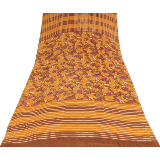 Sanskriti Vintage Sarier Gul Ren Georgette Silke Print Sari 5+ yard Håndværk Bæredygtigt Stoff