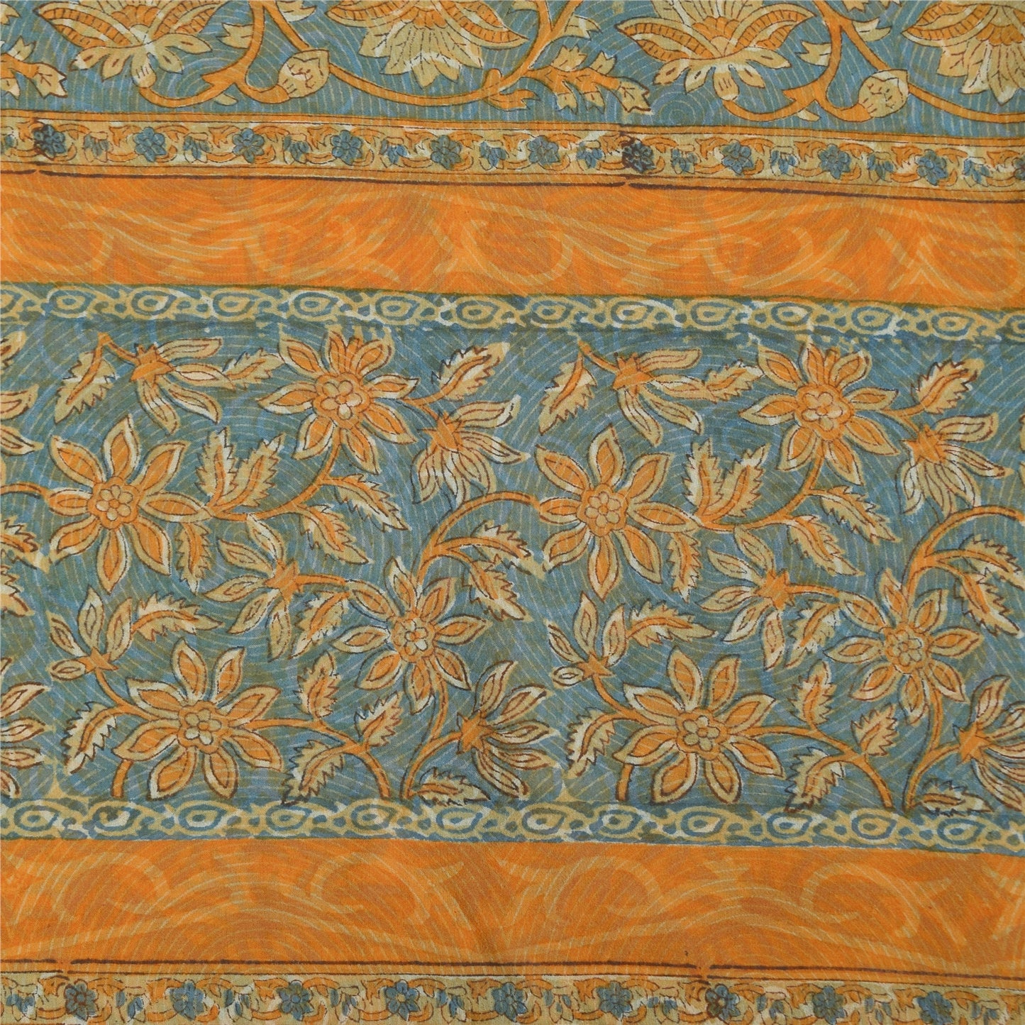 Sanskriti Vintage Sarier Gul & Blå lRen Georgette Trykt Sari 5+ yards Bæredygtigt Stoff