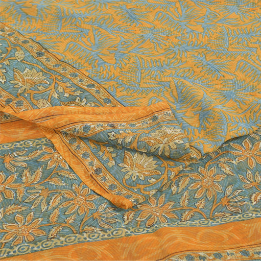 Sanskriti Vintage Sarees Yellow & Blue lPure Georgette Printed Sari 5+yd Sustainable Fabric