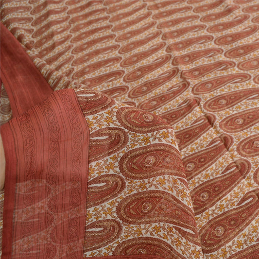 Sanskriti Vintage Red-Cream 100%Pure Chiffon Silk Saree Paisley Print 5+Yd Craft