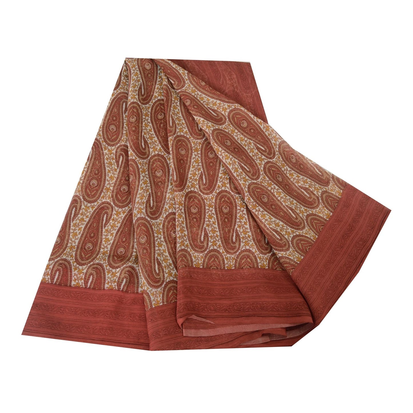 Sanskriti Vintage Red-Cream 100%Pure Chiffon Silk Saree Paisley Print 5+Yd Craft