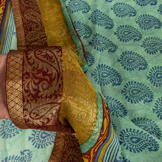 Sanskriti Vintage Saree Blue Pure Georgette Handblock Print-Zari Work 5.5YD Sari
