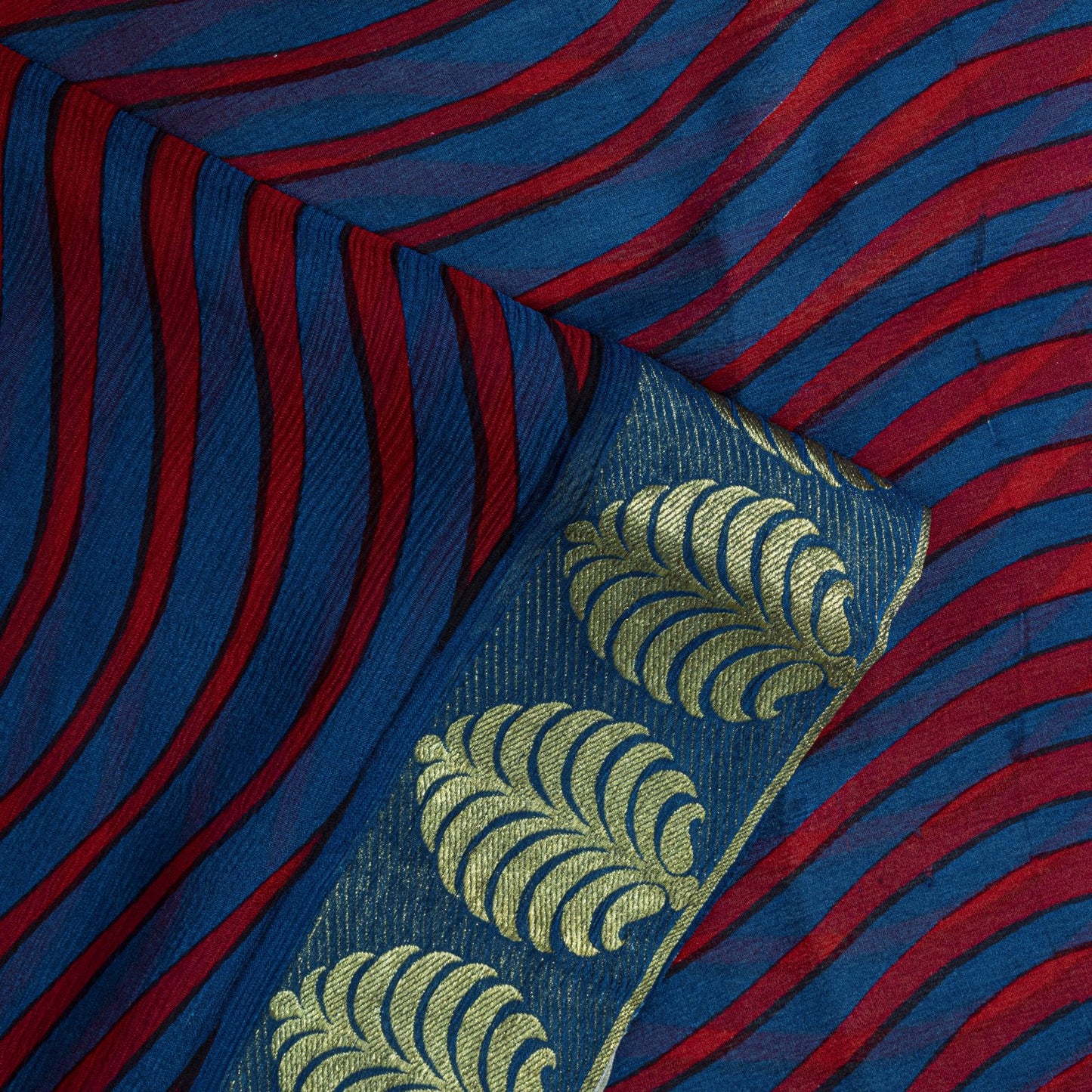 Sanskriti Vintage Saree Blue Pure Chiffon Printed Zari Border Sari 5.5Yd Fabric