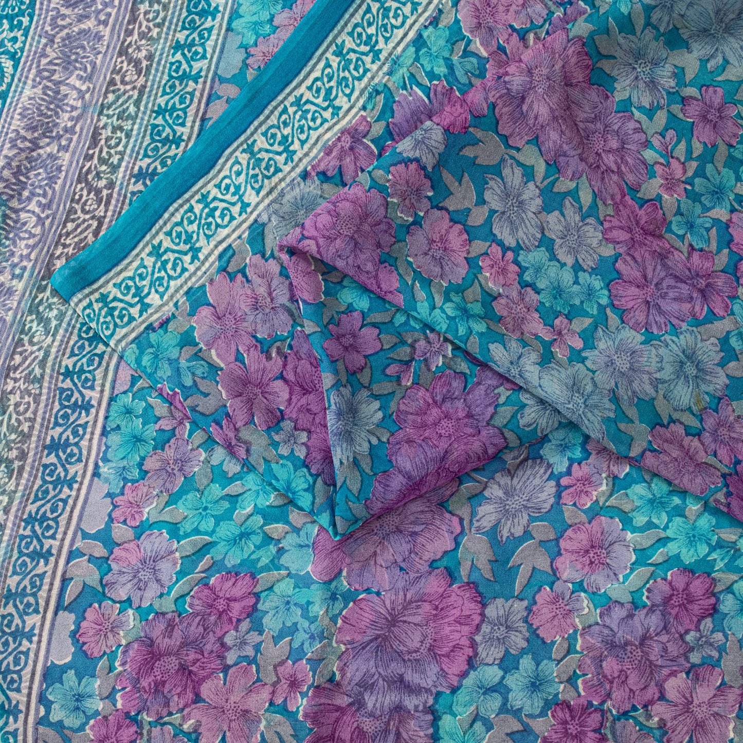 Sanskriti Vintage Saree Blue-Purple 100% Pure Georgette Floral Print Sari 5.5Yd