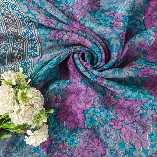 Sanskriti Vintage Saree Blue-Purple 100% Pure Georgette Floral Print Sari 5.5Yd