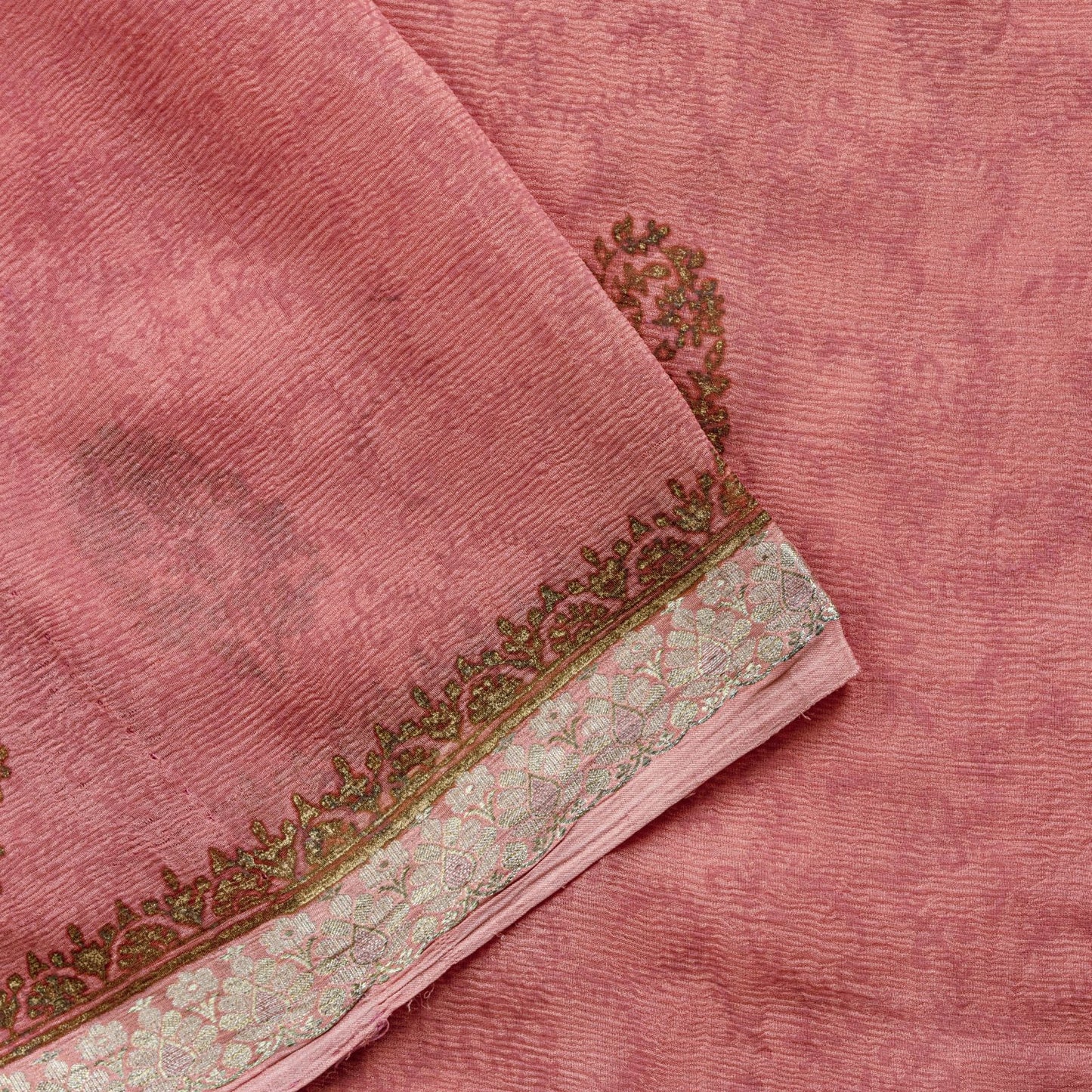 Sanskriti Vintage Saree Peach Pure Chiffon Khari Handblock Print Zari Sari 5.5Yd