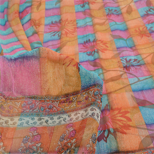 Sanskriti Vintage Multicolor Saree Pure Georgette Floral Print Sari 5.5Yd Fabric