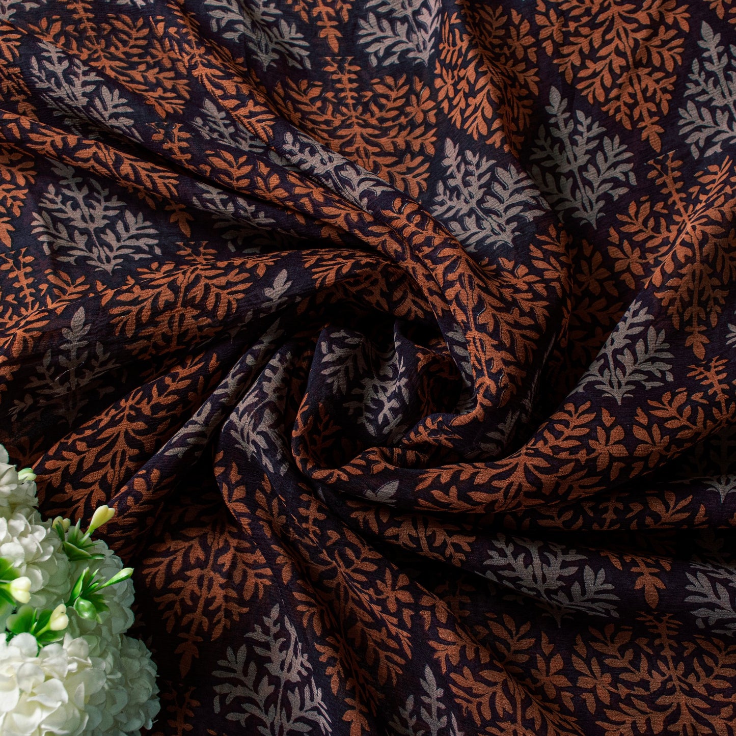 Sanskriti Vintage Saree Black-Brown Pure Chiffon Leaf Print-Woven Sari 5YDFabric