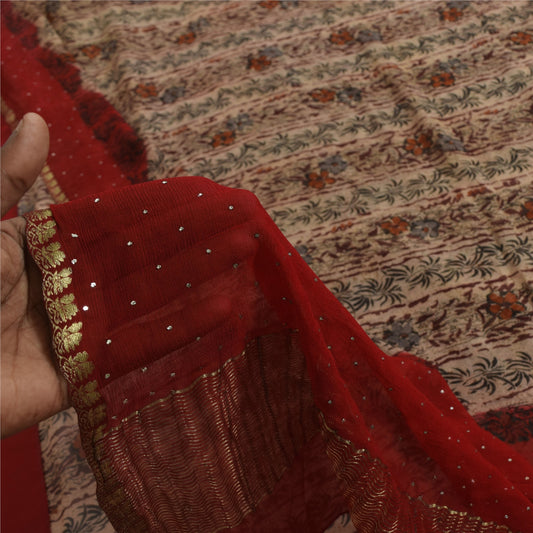 Sanskriti Vintage Cream-Red Saree Pure Chiffon Printed-Zari-Mukaish Sari Fabric