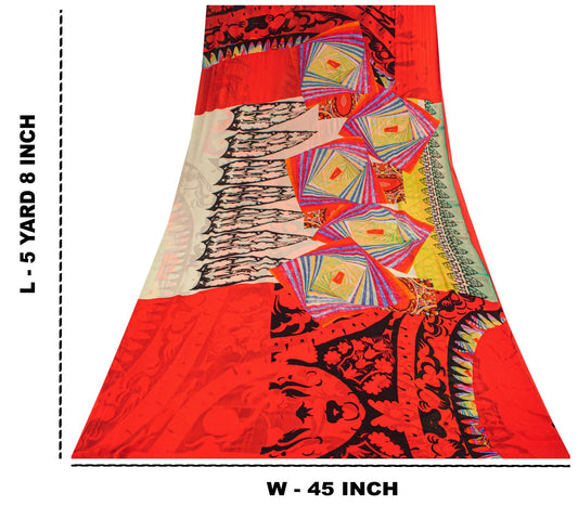Sanskriti Vintage Saree Red Pure Georgette Silk Floral Print Sari 5+Yard Fabric