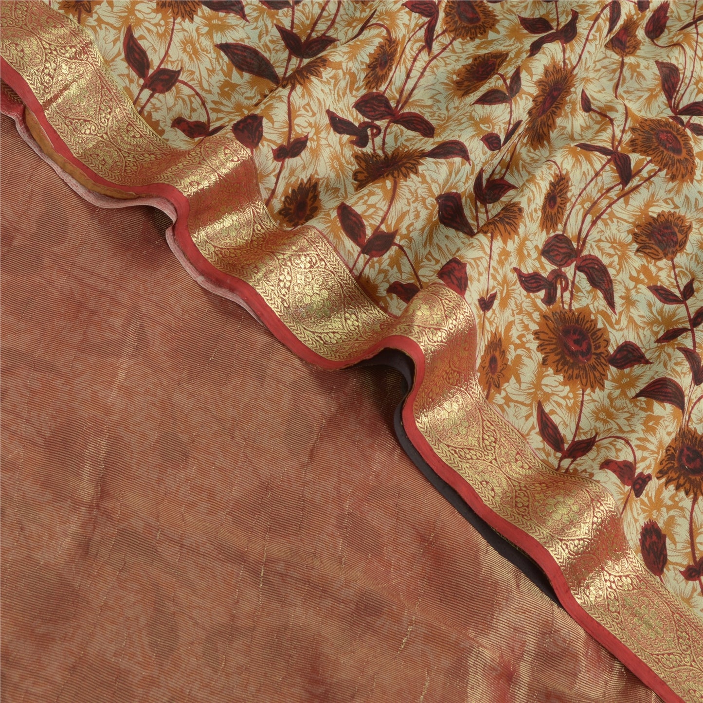 Sanskriti Vintage Sarees ivory & Brown Pure Georgette Print Zari Sari Fabric