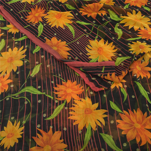 Sanskriti Vintage Black Sarees Blend Georgette Printed Sari 5yd Craft Fabric