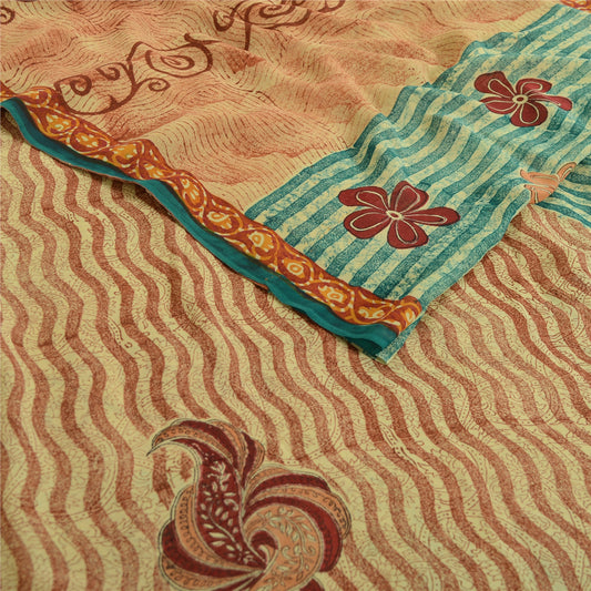 Sanskriti Vintage Cream/Red Sarees Pure Georgette Printed Sari 5yd Craft Fabric